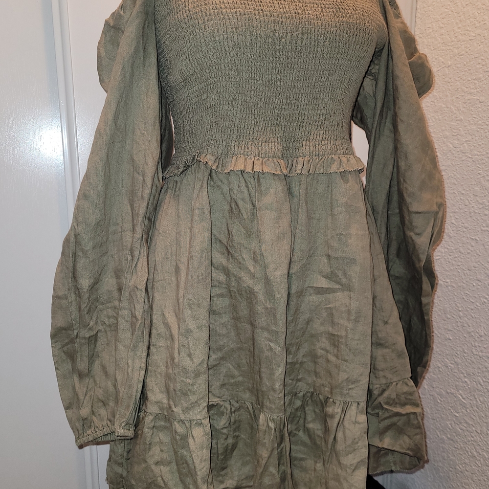 Quince Olive Boho Green Long Sleeved Smocked Dress - Picture 2 of 7